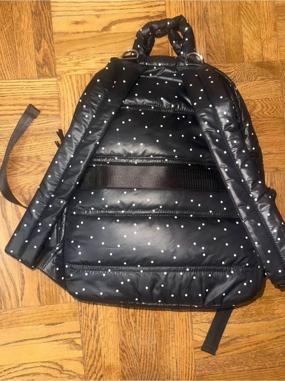 Black Puffer Backpack with White Polka Dots